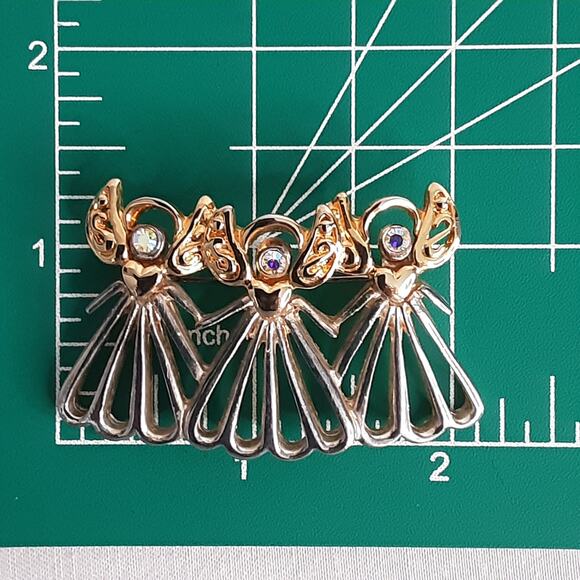 Threee Angles Brooch Open Work Gold And Silver Tones Hearts And AB Rhinestones - Picture 7 of 8